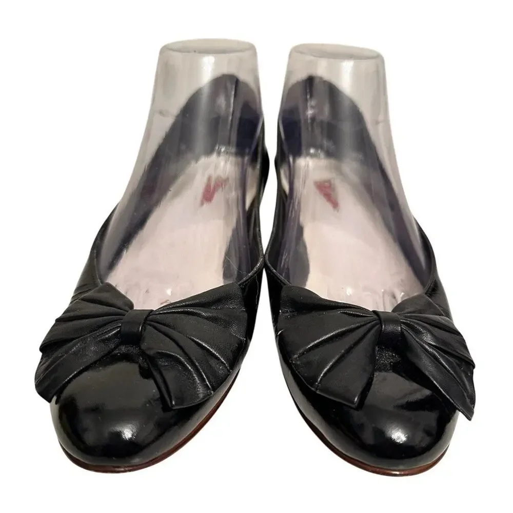 Vintage Nine West Black Patent Bow Wedge Heels Size 9N Retro‎